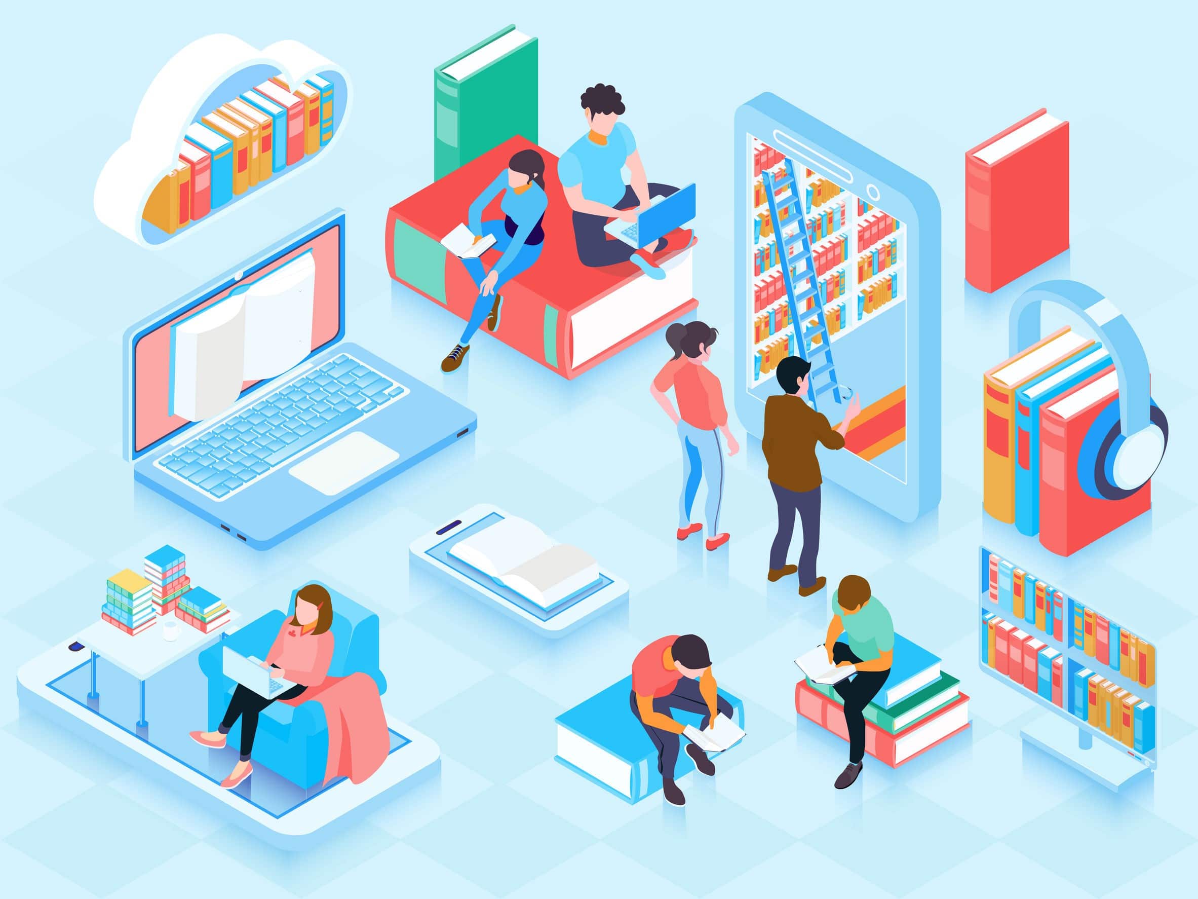 people reading in a library self publishing animated illustration