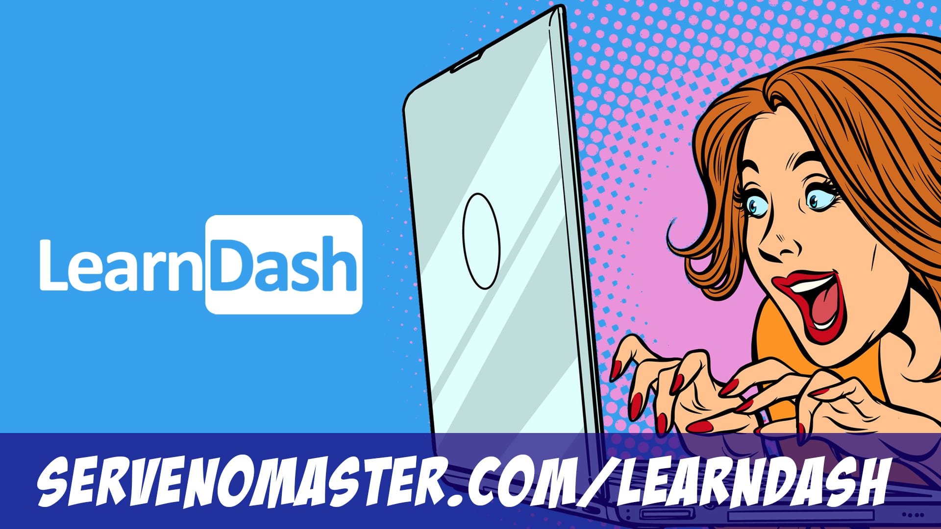 woman excited to learn looking at her computer screen animated illustration affiliate banner learn dash