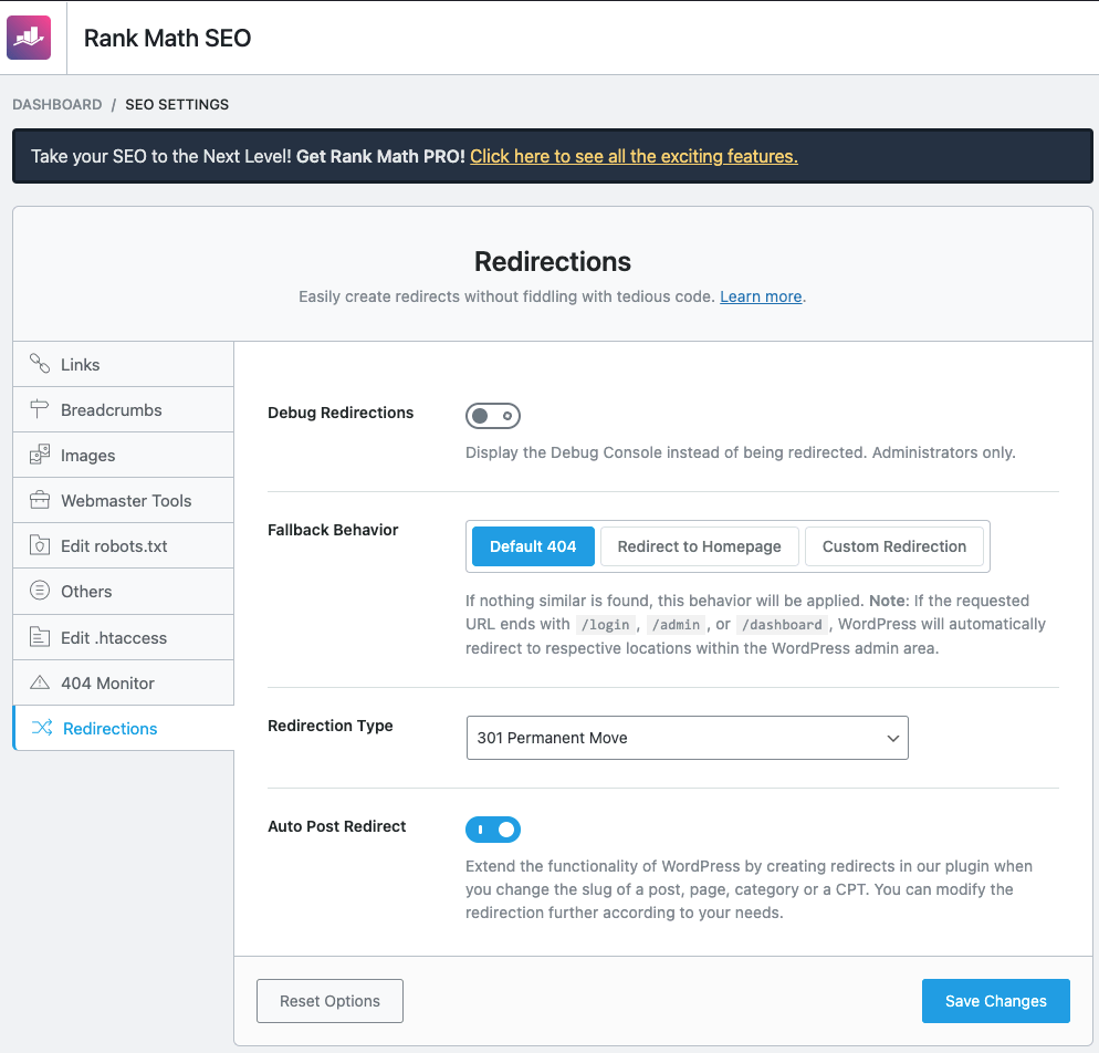 Rank Math Redirections Settings