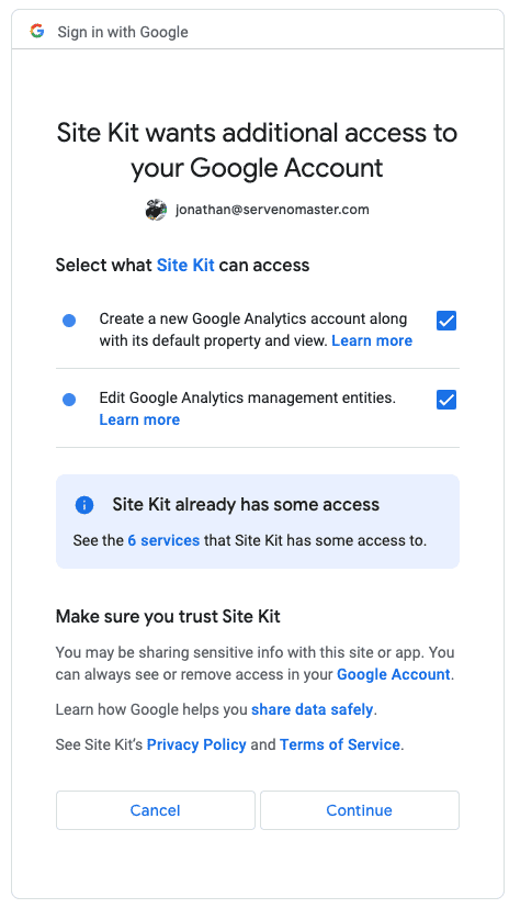 Site Kit Analytics More Access Checked