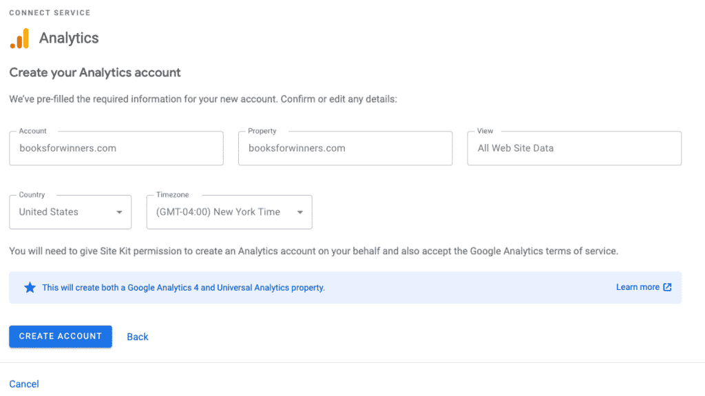 Site Kit Create Analytics Account