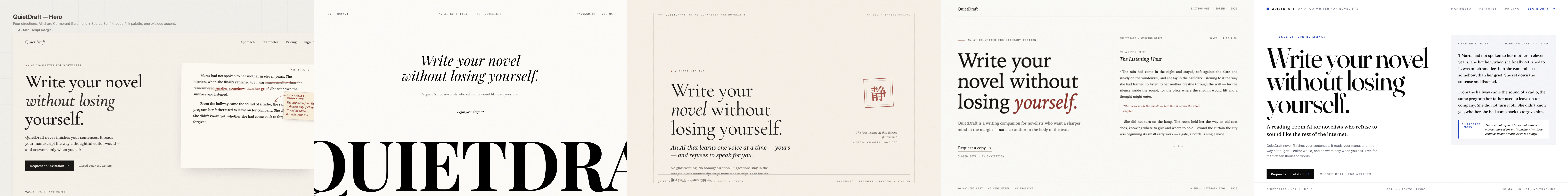 Five hero outputs from five tools on the same brief, side by side at the same scale — four columns share the same recipe and Pencil is the visible exception
