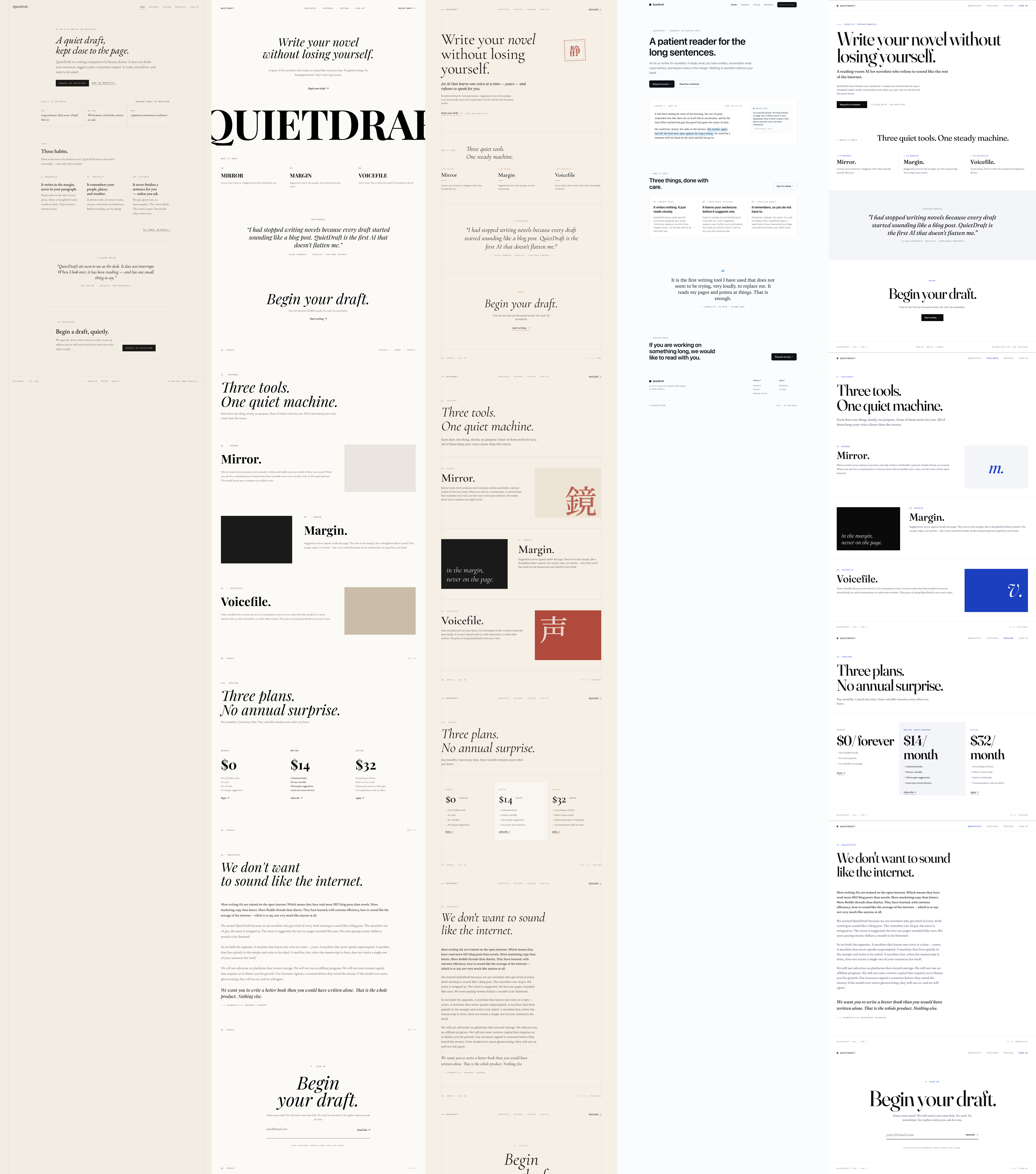 Five website outputs side by side — four share the same recipe and Pencil ships a visibly different direction
