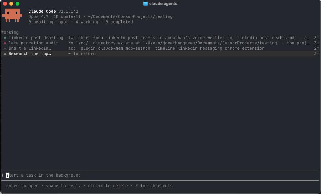 Claude Code Agent View showing four agents in one folder, with one reporting no src directory exists