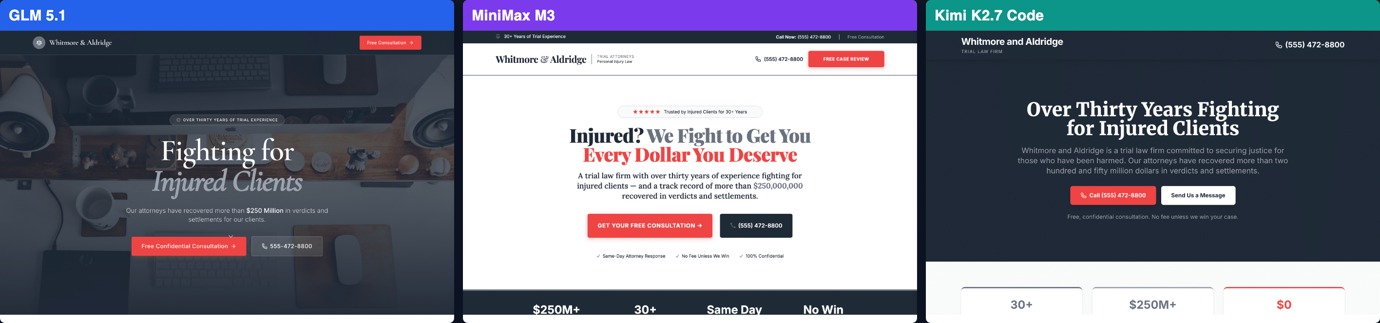 Law firm contact page built by GLM 5.1, MiniMax M3 and Kimi K2.7 Code