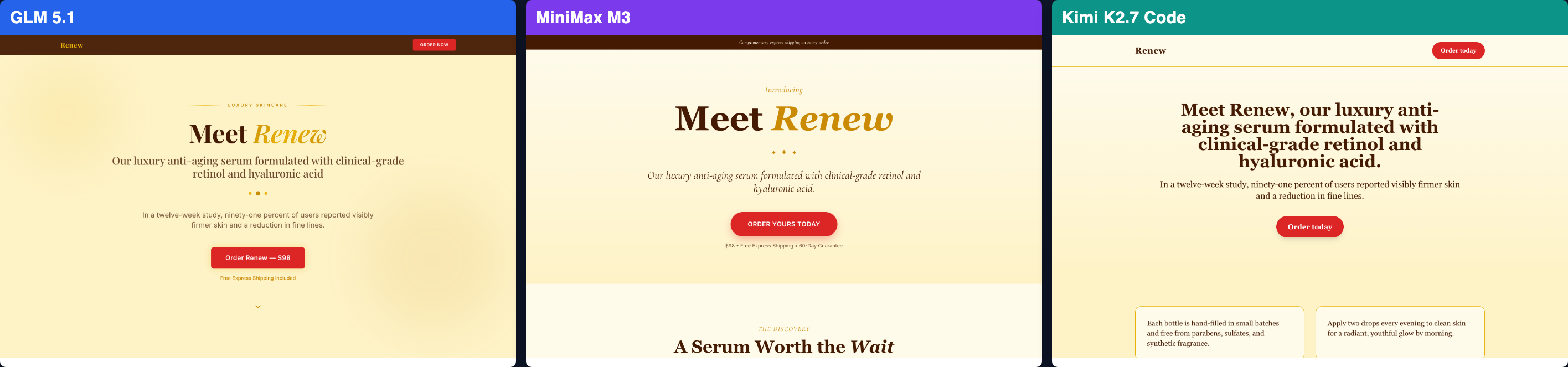Luxury serum product page built by GLM 5.1, MiniMax M3 and Kimi K2.7 Code