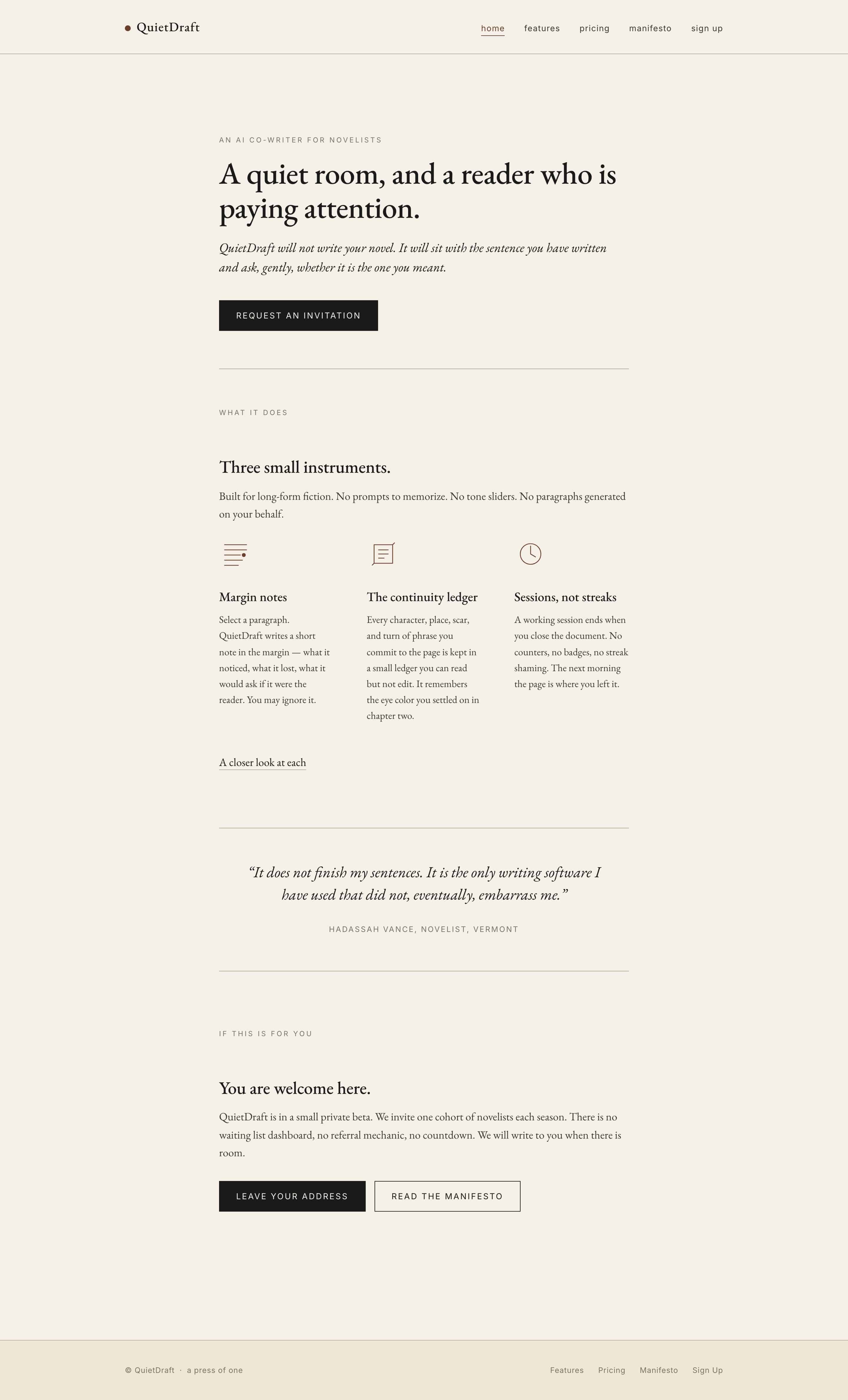 Claude Code alone built a clean QuietDraft homepage, but the headline and feature names are ones I never wrote